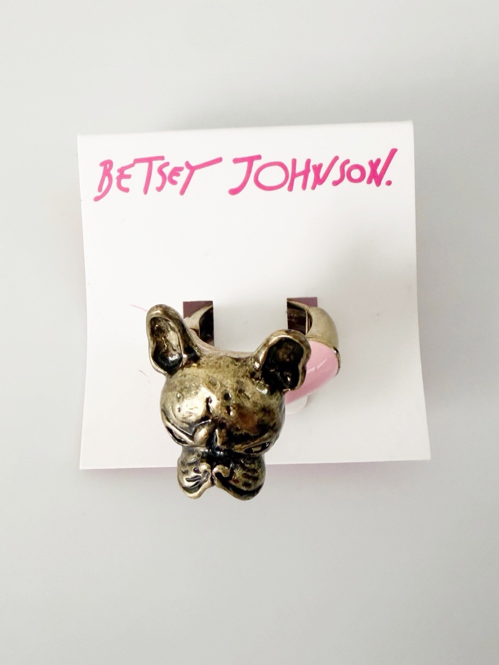 Betsey Johnson Frenchie Bulldog Gold Tone Pink Stretchy Ring NWT